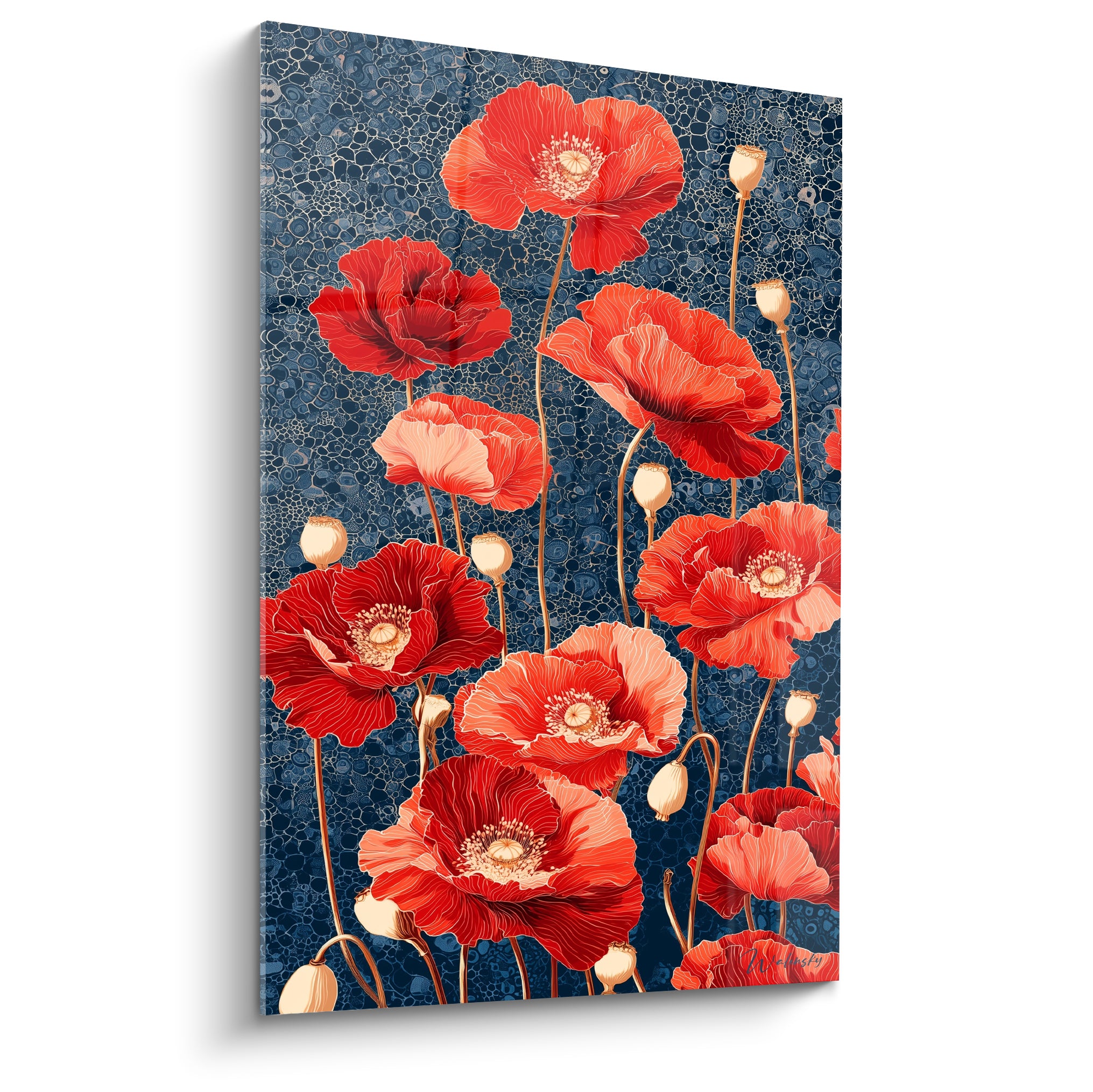 Coquelicots rouges et corail en pleine floraison sur fond bleu marine texturé, style graphique détaillé
