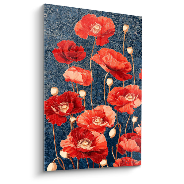 Red Poppies and Navy Blue Tableau with Cellular Pattern - Golden Capsules Graphic - Poppy Edition