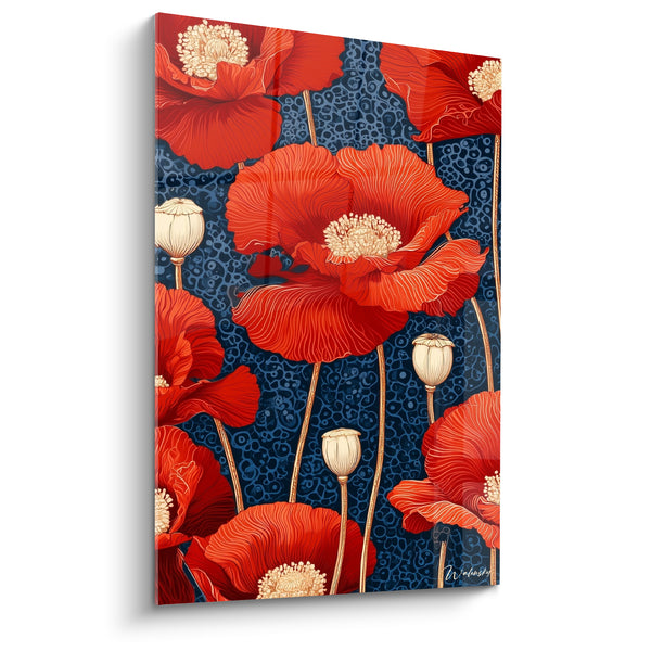 Red Poppies and Navy Blue Painting with Ivory Capsules - Dotted Circular Background - Coquelicot Edition