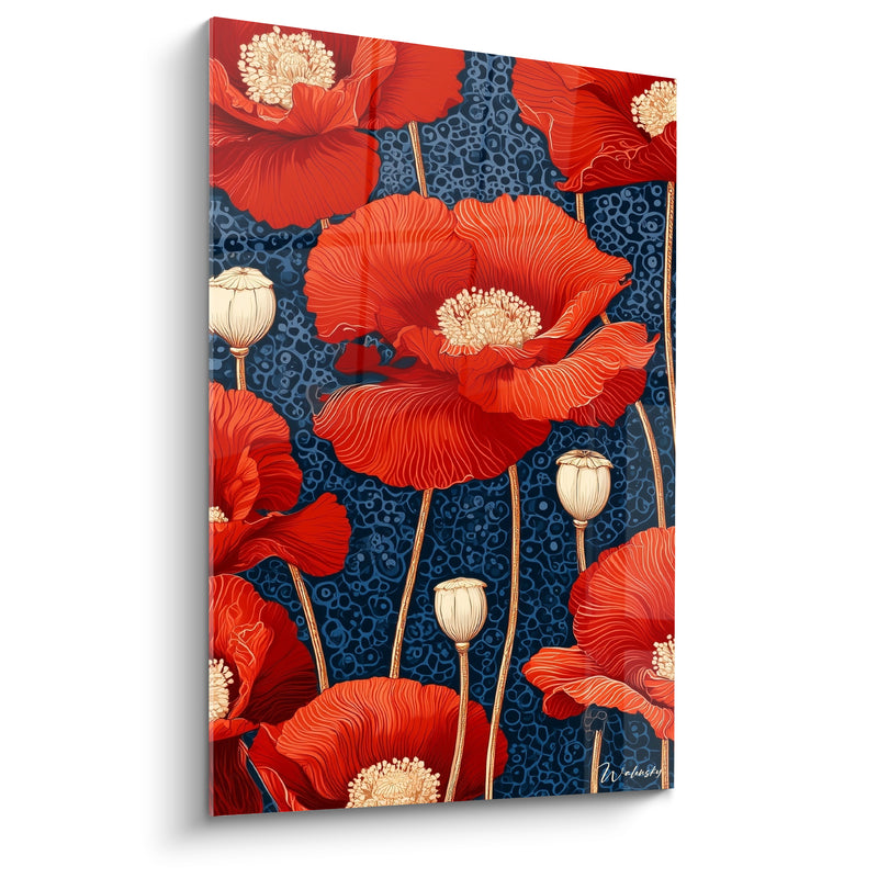 Tableau Coquelicots rouges et bleu marine aux capsules ivoire - Fond moucheté circulaire - Edition Coquelicot