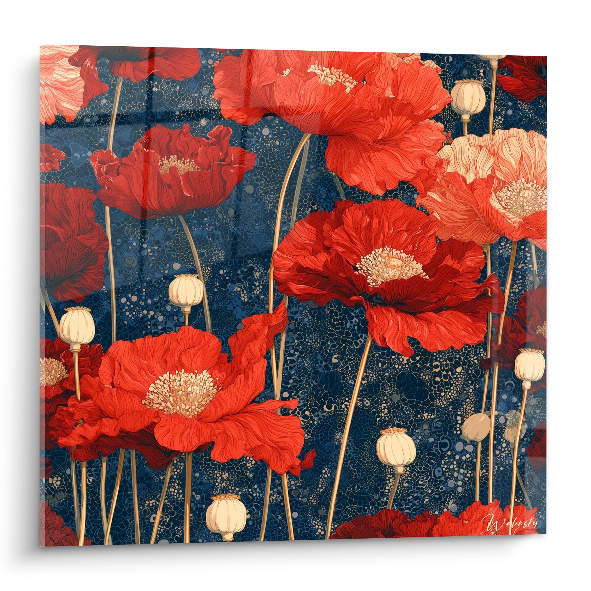 Coquelicots rouge vif aux pétales déployés sur fond bleu marine texturé mosaïqué