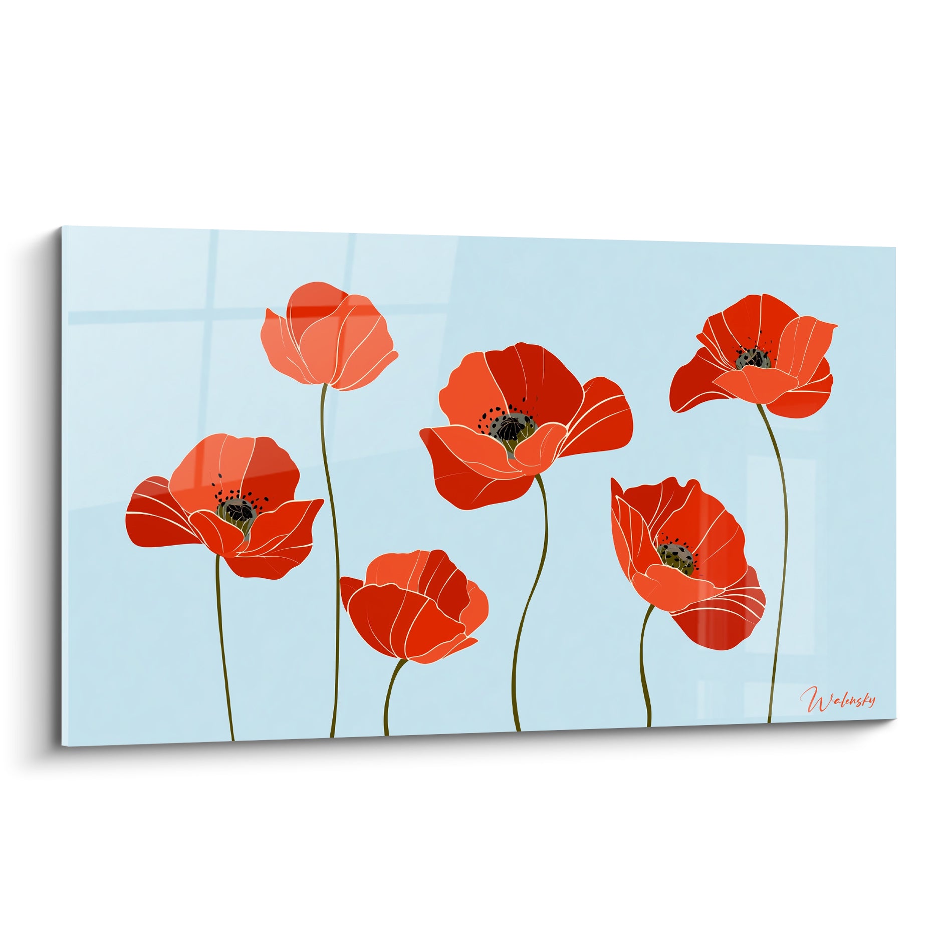 Coquelicots rouges et corail aux pétales fins sur fond bleu ciel, style illustration graphique