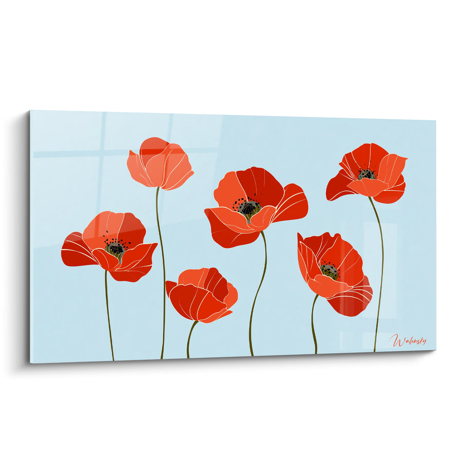 Tableau Coquelicots rouges et fond bleu ciel aux tiges vertes fines - Illustration vectorielle épurée - Edition Coquelicot