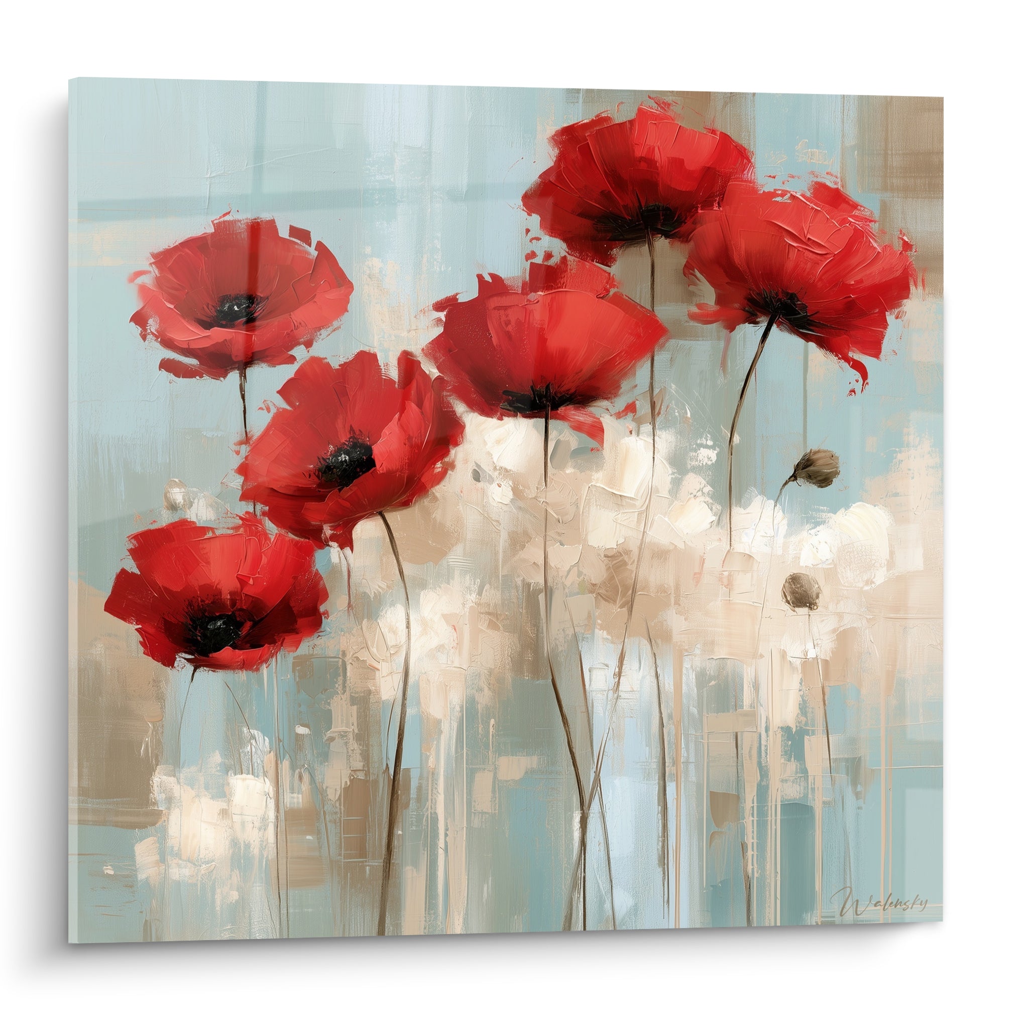 Coquelicots rouges aux cœurs noirs sur fond bleu pastel et beige, style abstrait texturé