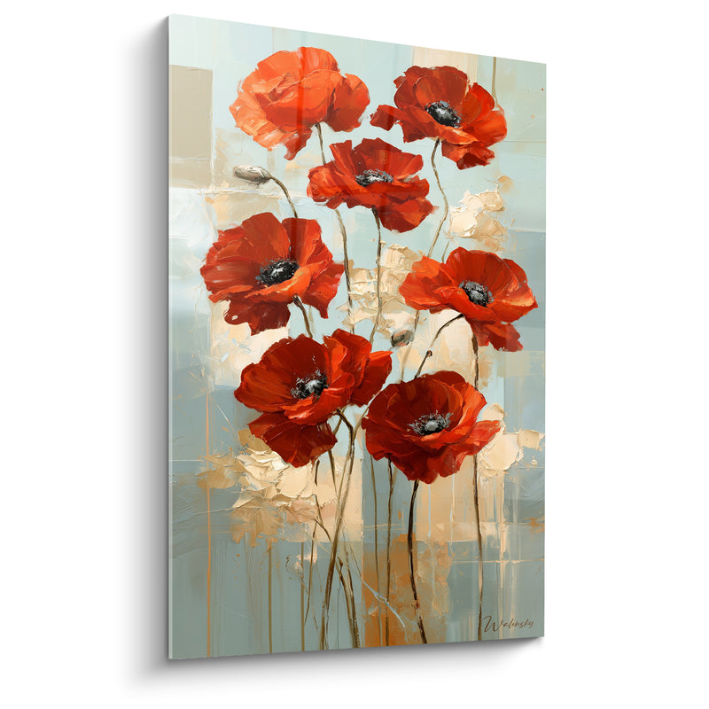 Tableau Coquelicots rouges et bleu gris sur bloc doré - Cœurs gris texturés - Edition Coquelicot