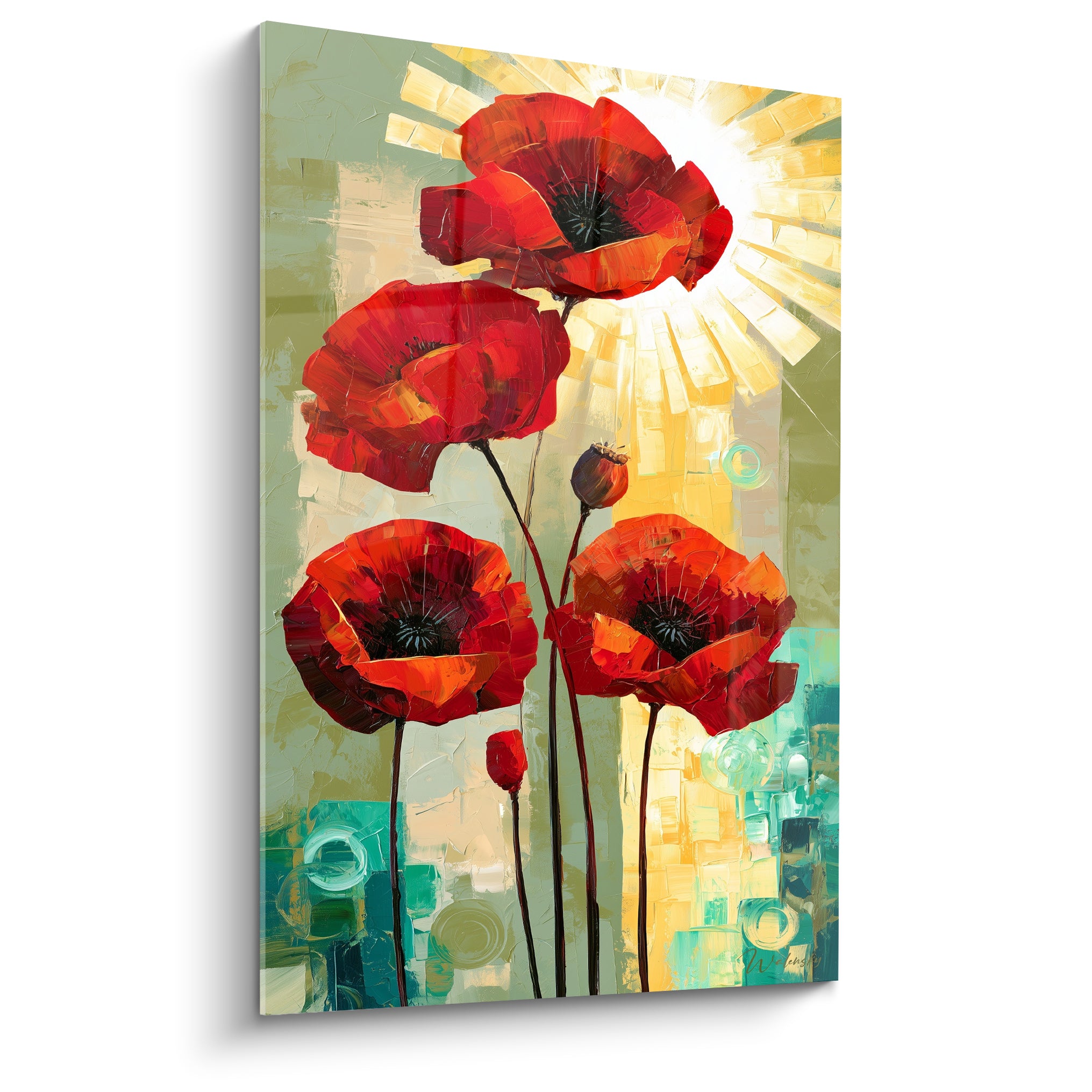 Coquelicots rouge vif aux cœurs noirs, tiges sombres élancées sur fond doré et vert sauge texturé