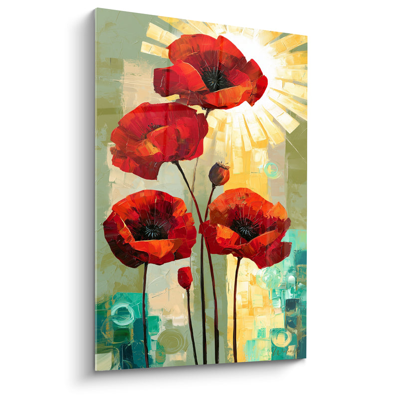 Tableau Coquelicots rouges et sauge aux rayons dorés - Cercles turquoise en fond - Edition Coquelicot