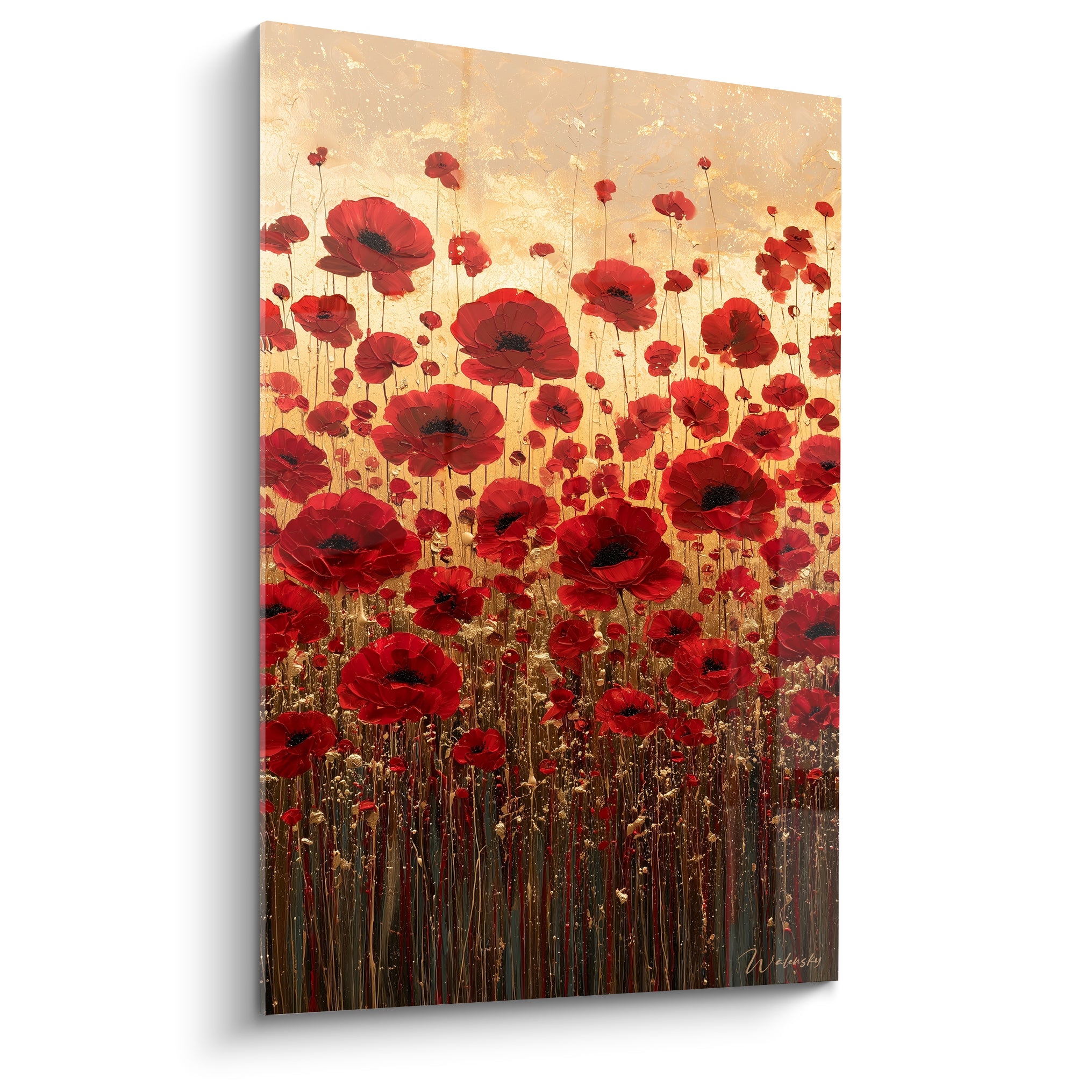 Coquelicots rouges dressés sur fond doré, pétales froissés et cœurs noirs, style pictural texturé