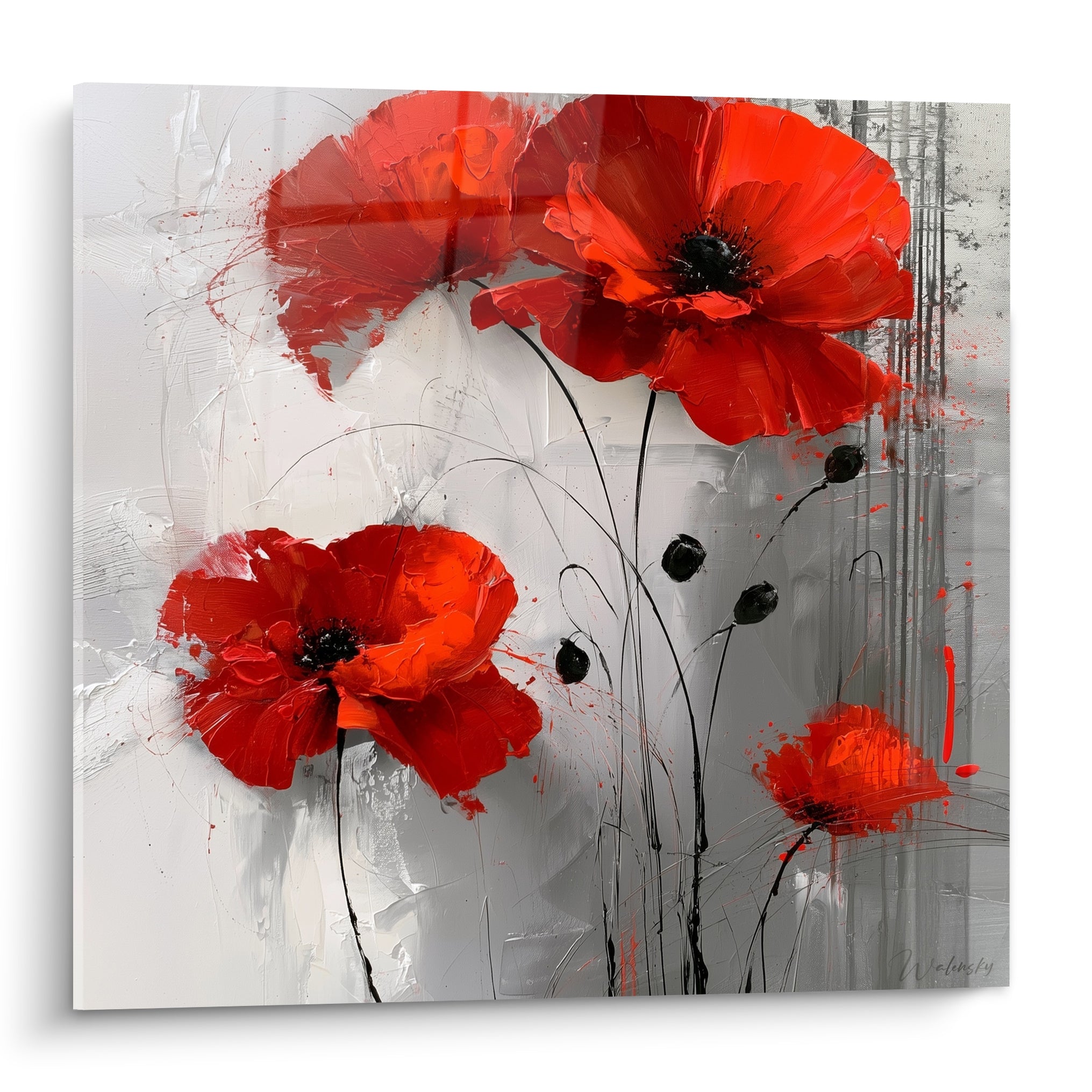 Coquelicots rouges au cœur noir peints au couteau sur fond gris texturé abstrait