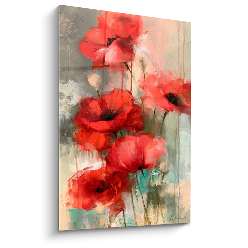 Tableau Coquelicots rouges et beige aux coulures turquoise - Fond gris texturé - Edition Coquelicot