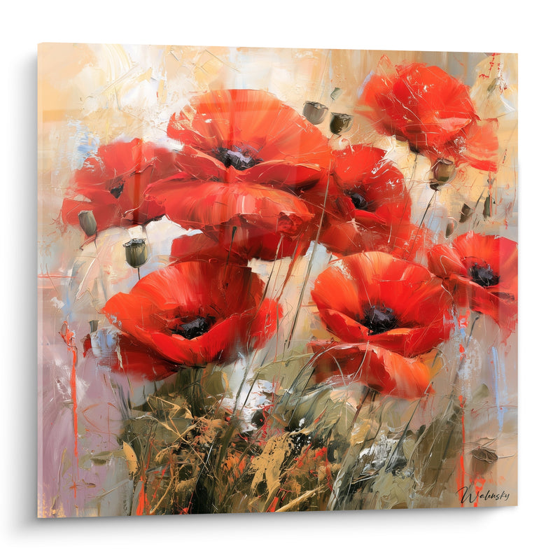 Tableau Coquelicots rouges et beige aux boutons verts - Coulures orangées éclaboussées - Edition Coquelicot