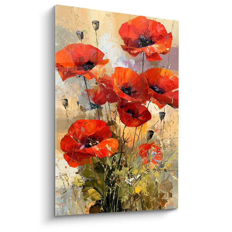 Tableau Coquelicots rouges et beige aux capsules noires - Herbes folles graphiques - Edition Coquelicot