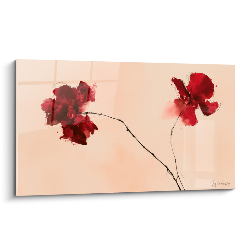 Tableau Coquelicots pourpres et rosés à la tige zigzagante - Rectangles filigranés en arrière-plan - Edition Coquelicot