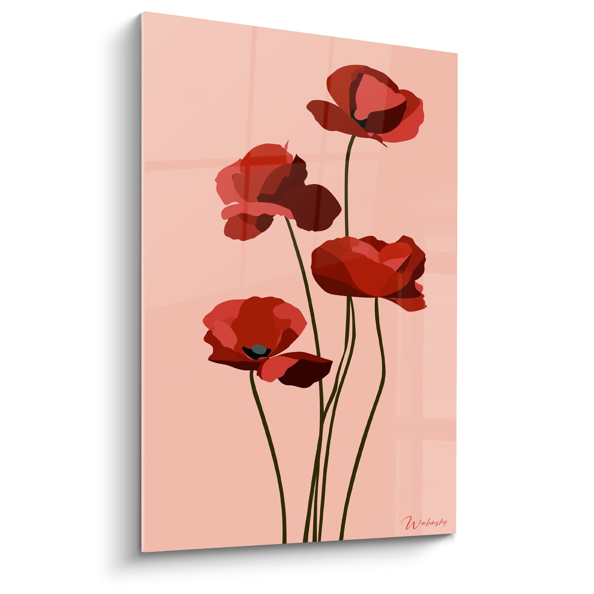 Quatre coquelicots rouges et bordeaux se déploient sur un fond rose poudré aux lignes graphiques discrètes