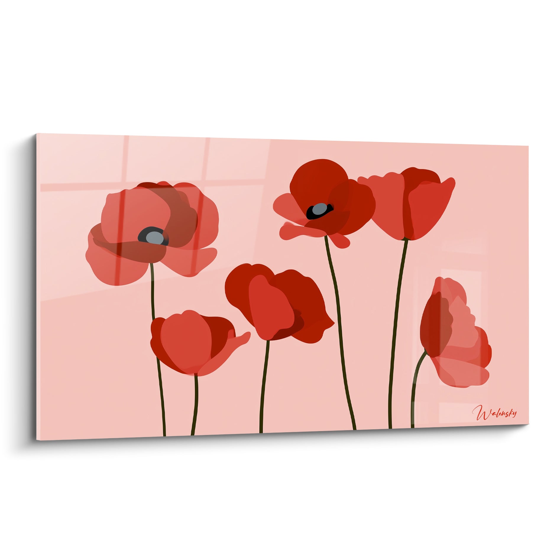 Coquelicots rouges et bordeaux dressés sur fond rose poudré, style graphique minimaliste