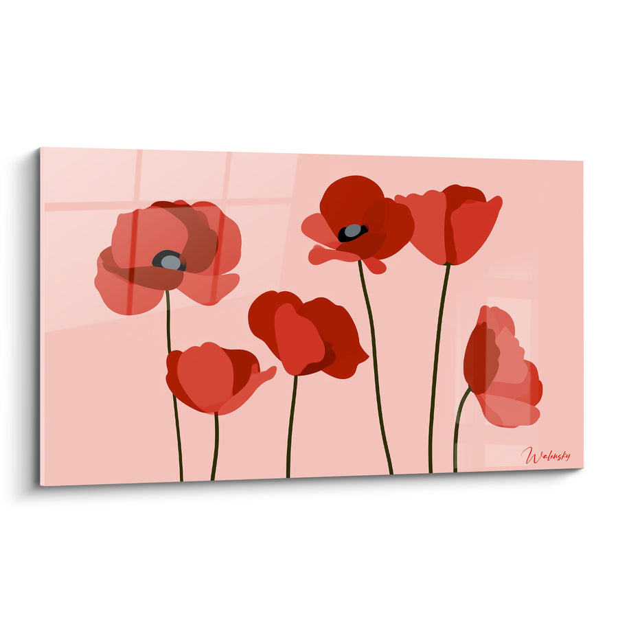 Tableau Coquelicots rouges et rose pâle stylisés - Silhouettes vectorielles simplifiées - Edition Coquelicot