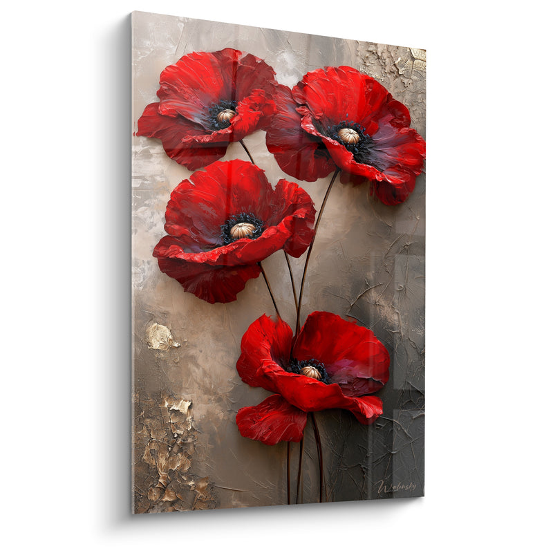 Tableau Coquelicots rouges sur fond taupe texturé - Souffle d'été - Edition Coquelicot