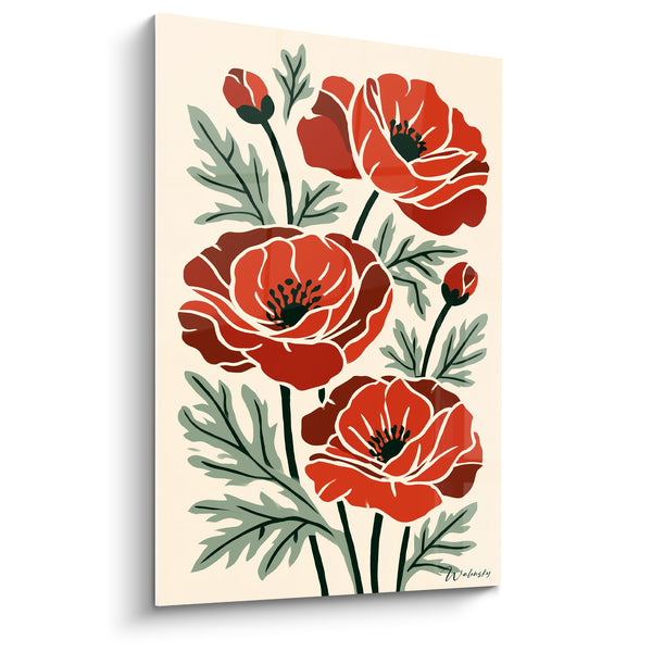 Red Poppies and Almond Green with White Outlines - Flat Graphic Style - Poppy Edition