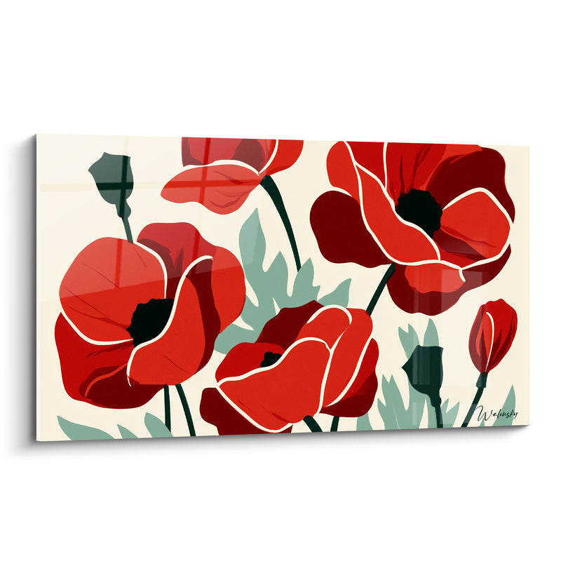 Tableau Coquelicots rouges et ivoire aux contours blancs - Boutons vert sauge - Edition Coquelicot