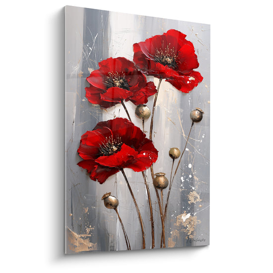 Coquelicots rouge écarlate en plein cadre sur fond gris texturé, pétales veloutés et capsules dorées