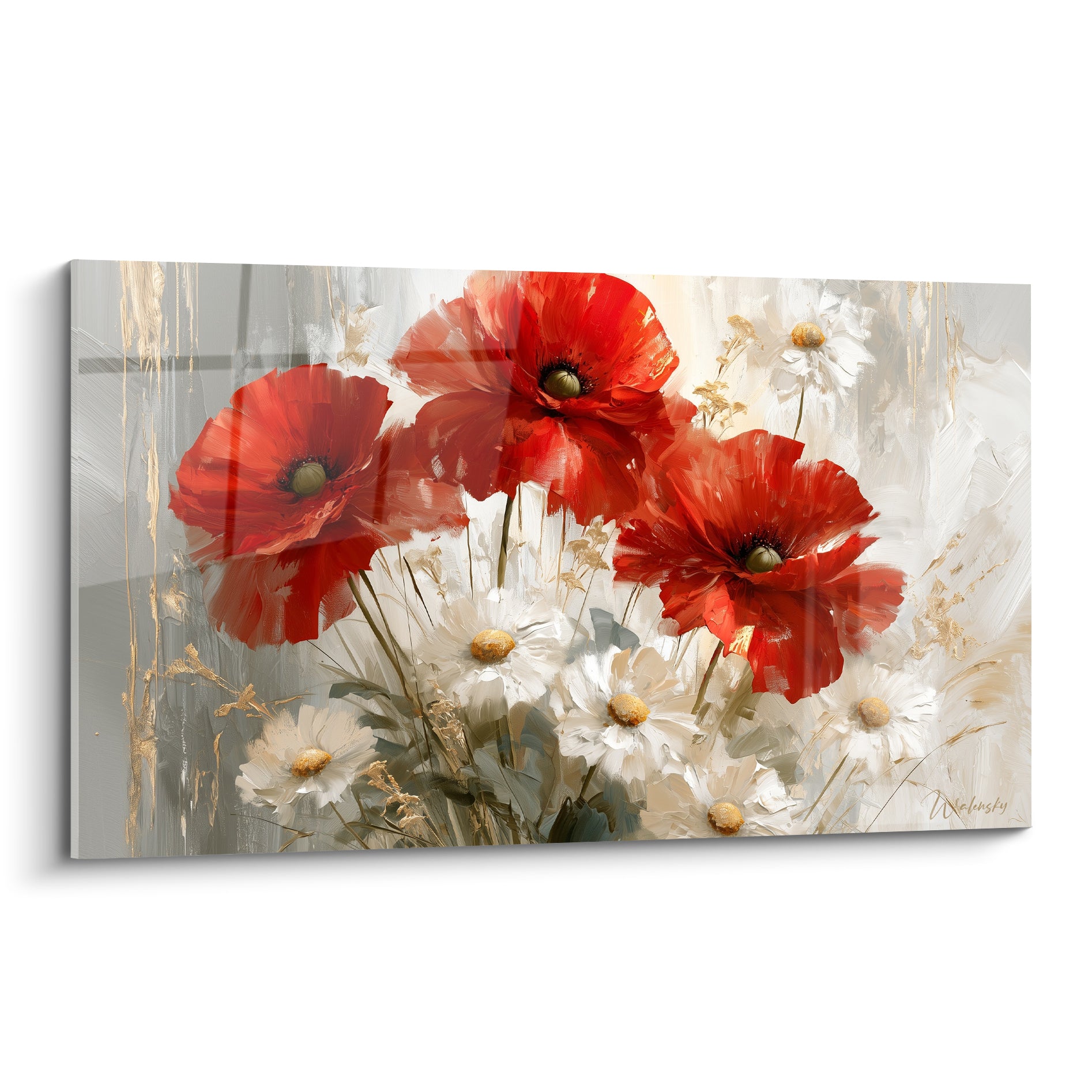 Coquelicots rouge vif et marguerites blanches peints en empâtement sur fond gris perle et doré