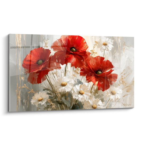 Red Poppies and Daisies with Golden Hearts - Vertical Golden Dripping - Poppy Edition