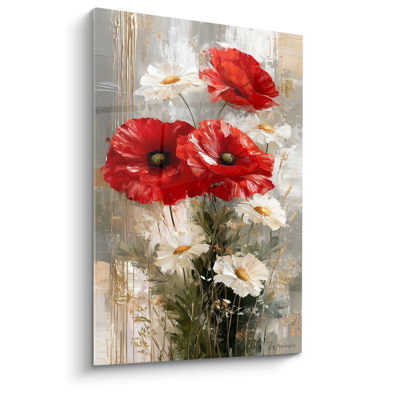 Tableau Marguerites blanches et rouges aux coulures dorées - Fond gris strié - Edition Coquelicot