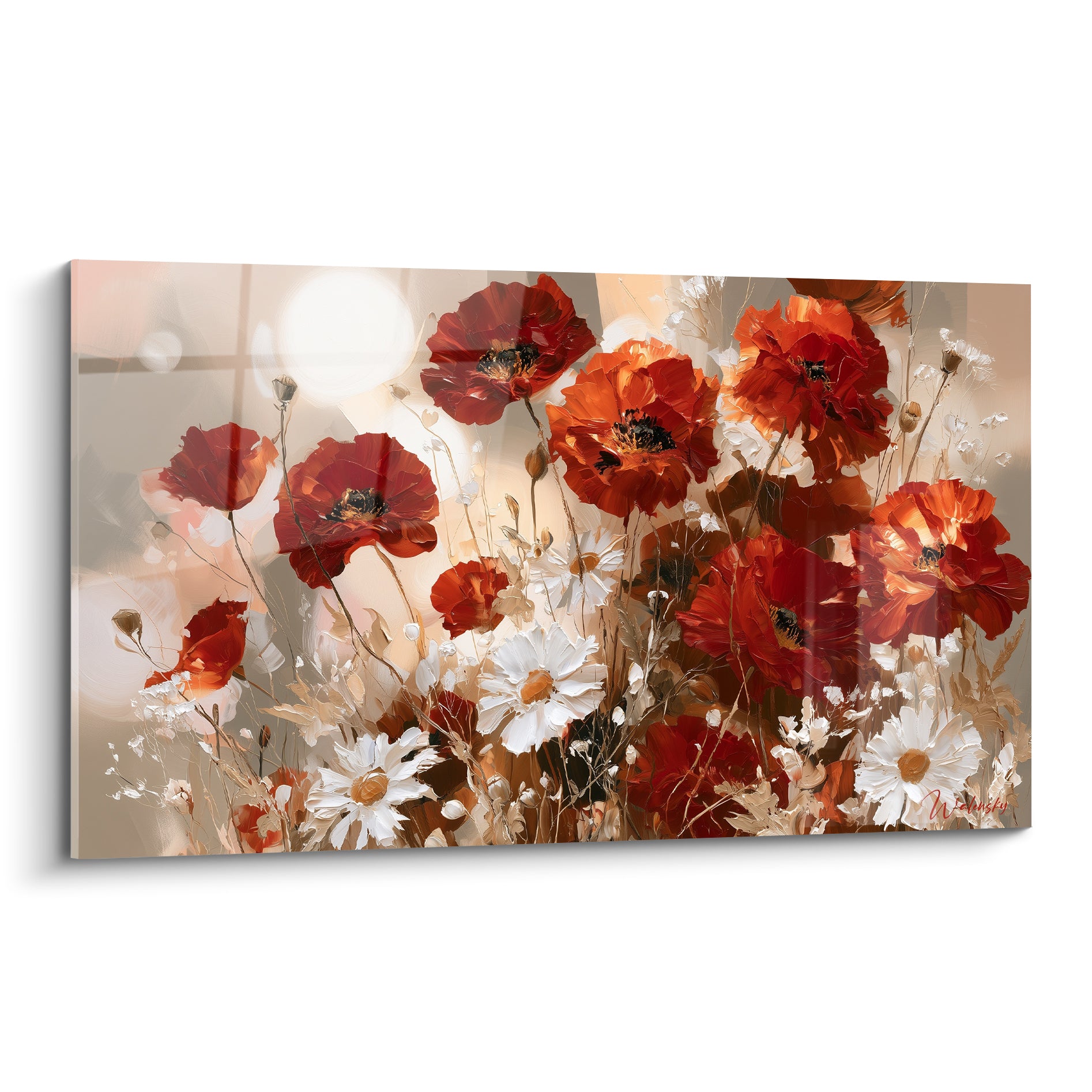 Coquelicots rouges et marguerites blanches en bouquet lumineux, touches ocre et beige dorées