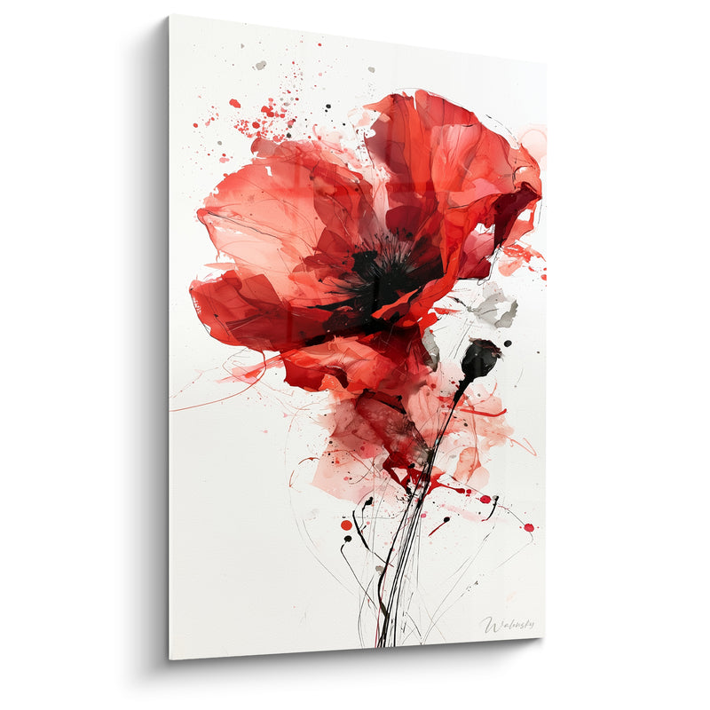 Tableau Coquelicot rouge et noir aux tiges filiformes - Éclaboussures d'encre suspendues - Edition Coquelicot