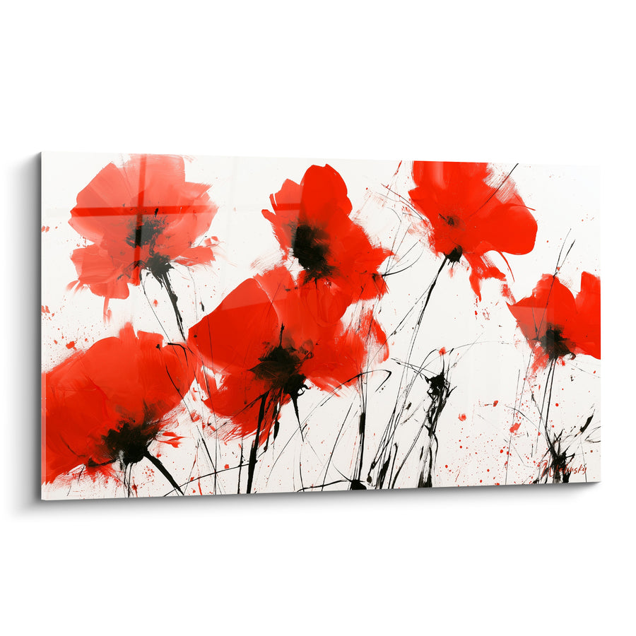 Tableau Coquelicots rouges et noirs aux tiges griffées - Éclaboussures d'encre nerveuses - Edition Coquelicot