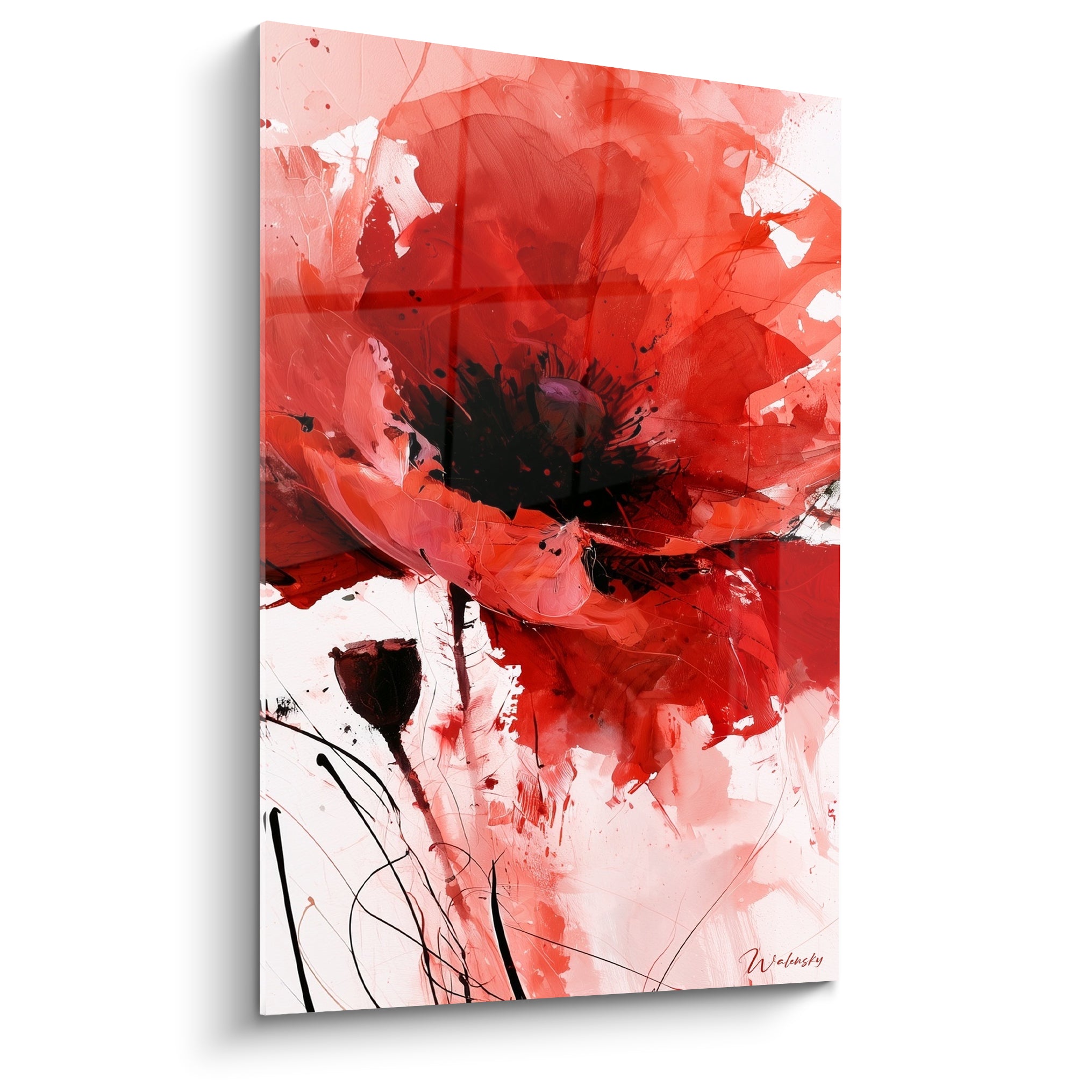 Coquelicot rouge et noir aux pétales éclatés, technique picturale expressive sur fond blanc rosé
