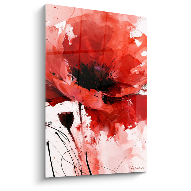 Tableau Coquelicot rouge et noir au cœur explosé - Capsule brune inclinée - Edition Coquelicot