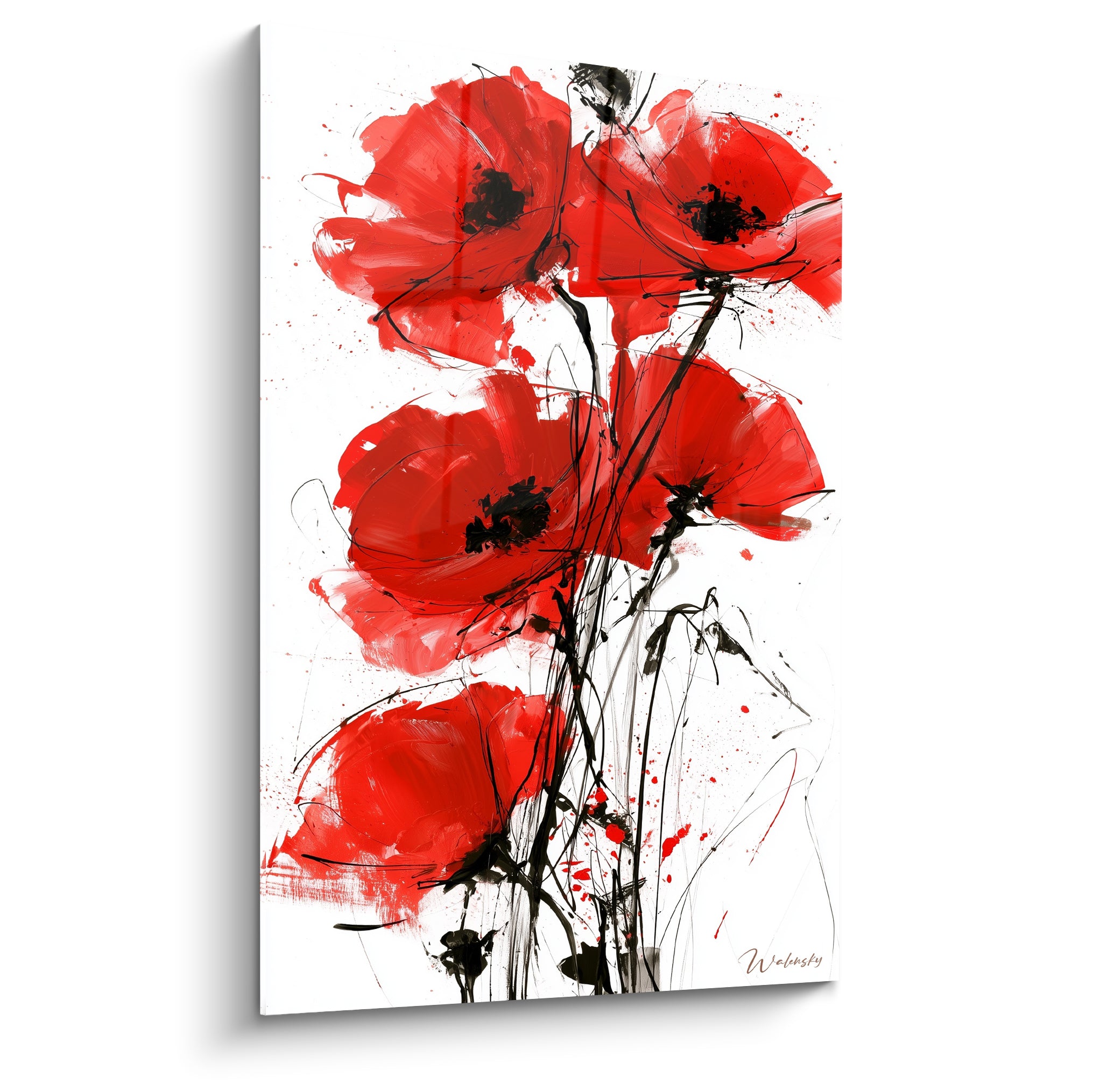 Coquelicots rouges aux pétales larges et cœurs noirs, traits d'encre gestuels sur fond blanc