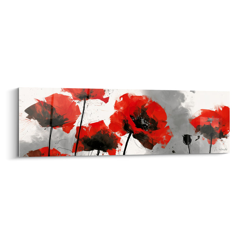 Tableau Coquelicots rouges et noirs sur fond gris éclaboussé - Rangée de tiges hautes - Edition Coquelicot