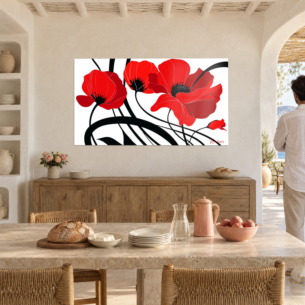 Tableau bouquet de coquelicots vermillon et grenat, longues tiges noires, bouton rouge en bas à droite, salle à manger voûtée, deux personnes de dos