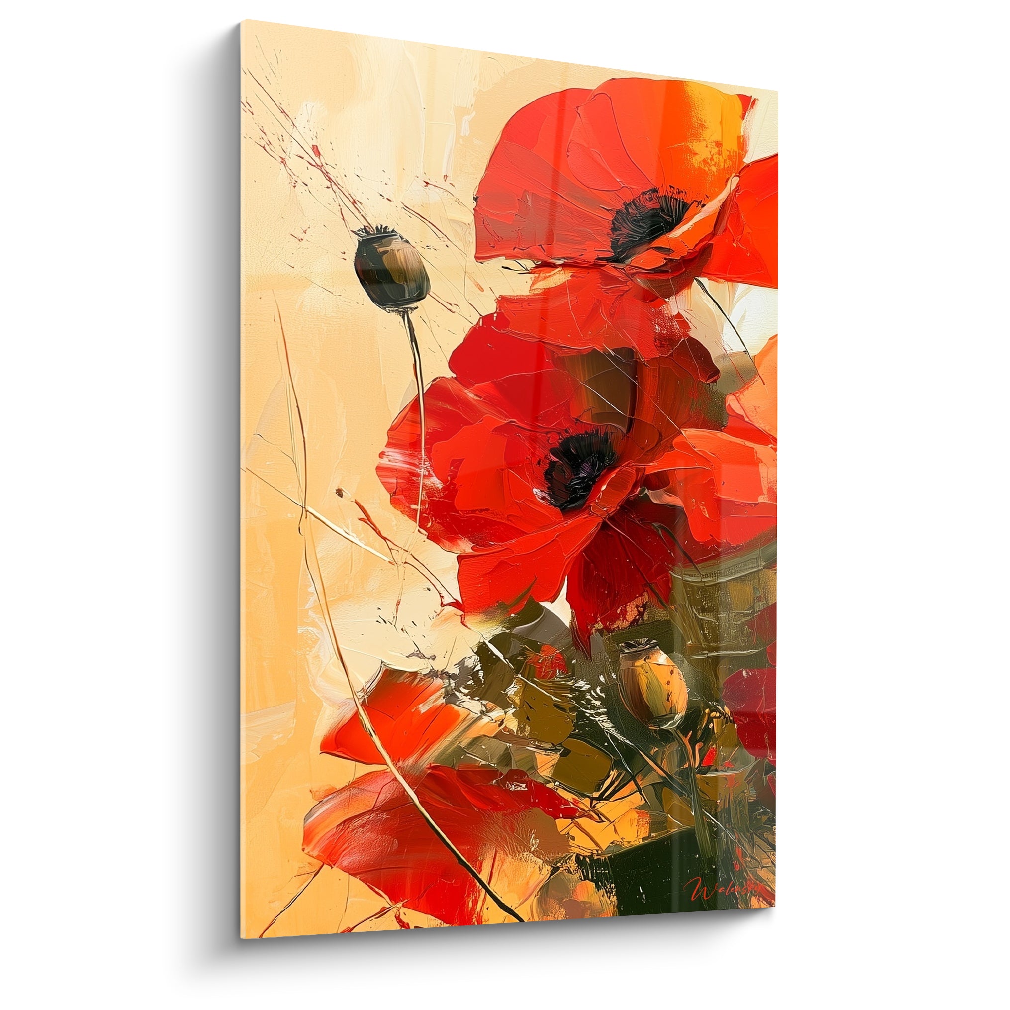 Coquelicots rouges aux cœurs noirs peints en empâtements sur fond ocre doré lumineux