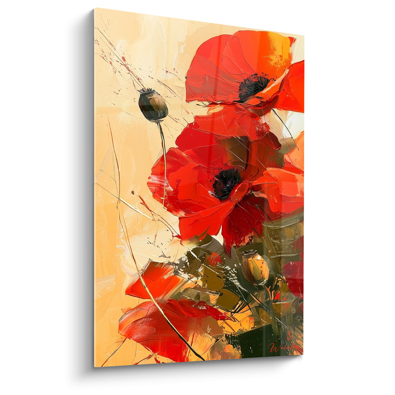 Tableau Coquelicots rouges et jaune sable aux capsules graphiques - Éclaboussures d'encre linéaires - Edition Coquelicot