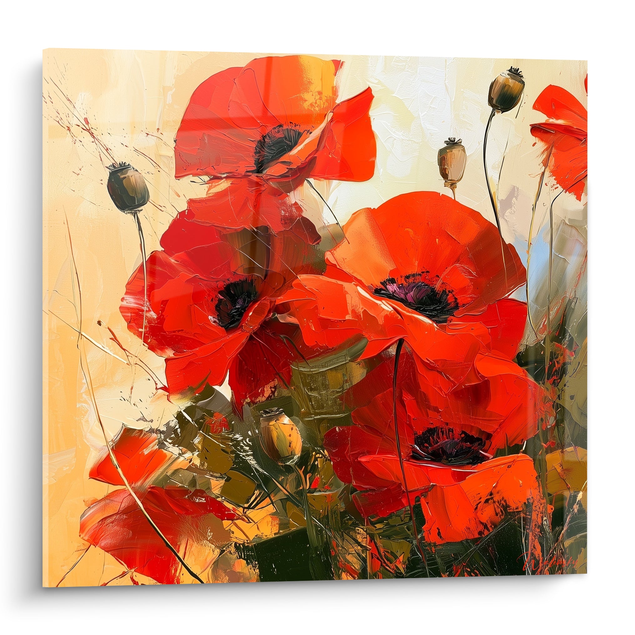 Coquelicots rouge et orangé aux cœurs noirs peints avec empâtements sur fond ocre chaleureux