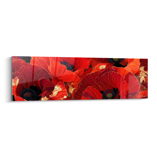Red and Black Poppies with Golden Veins Painting - Tight Panoramic Close-up - Poppy Edition