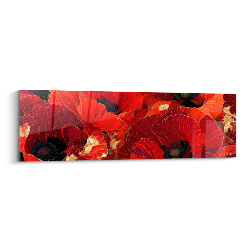 Tableau Coquelicots rouges et noirs aux nervures dorées - Gros plan panoramique serré - Edition Coquelicot