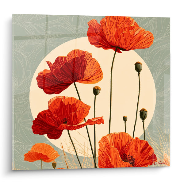 Red and Orange Poppies on Cream Disc - Sun on the Field - Coquelicot Edition