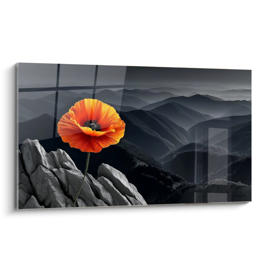Tableau Fleur Rouge et Orange Solitaire sur Paysage Montagneux Gris - Éclat de Vie - Edition Coquelicot