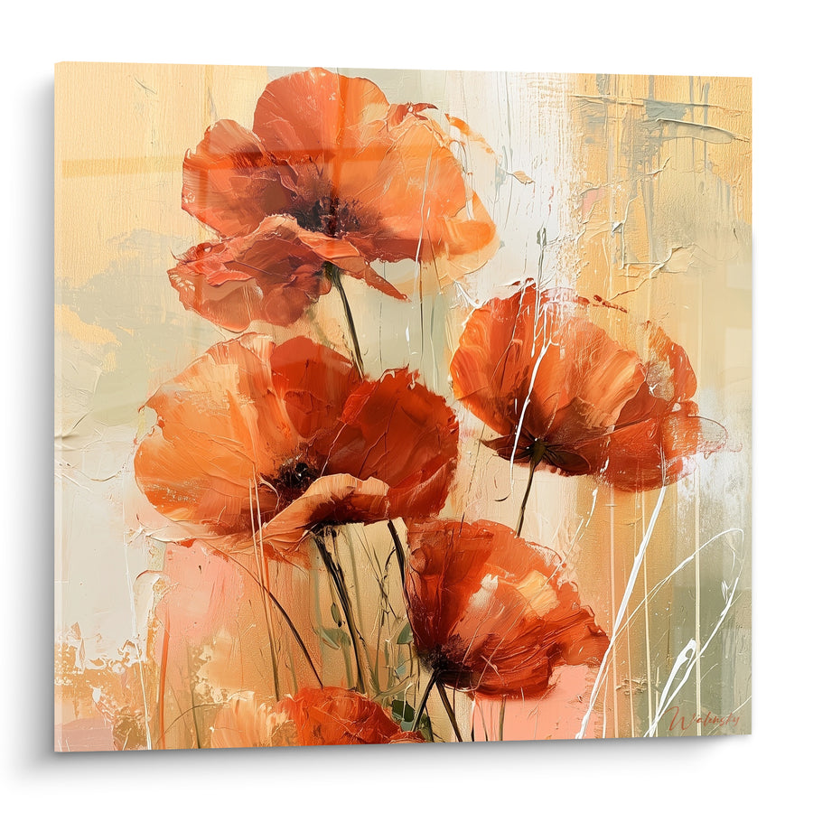 Tableau Coquelicots orange et blanc aux coulures verticales - Empâtements à la spatule - Edition Coquelicot