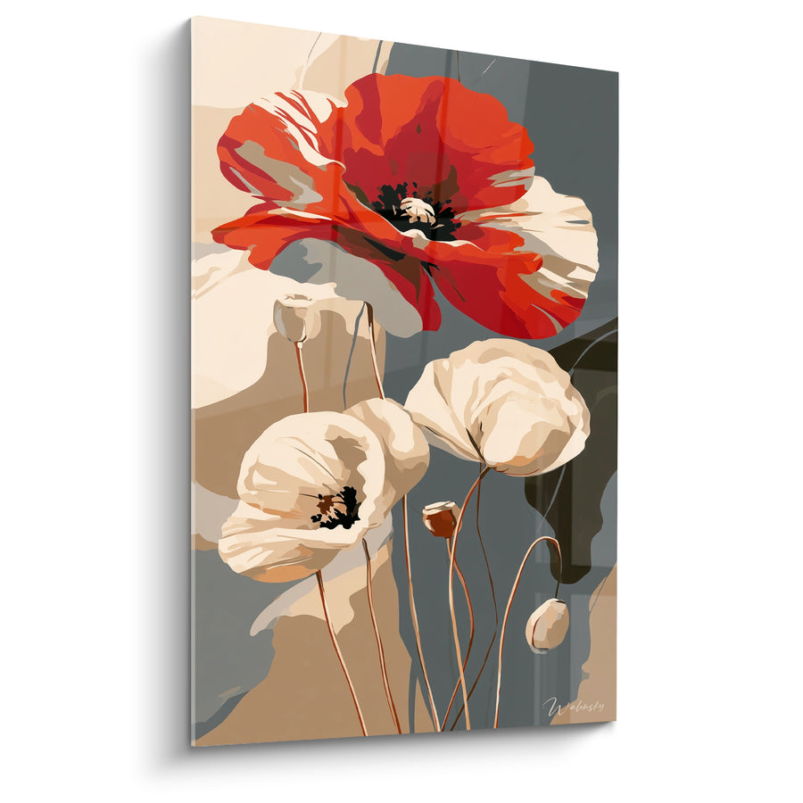 Leinwand Mohnblume rot und weiß mit hängenden Kapseln - Anthrazit Silhouette im Hintergrund - Edition Mohnblume