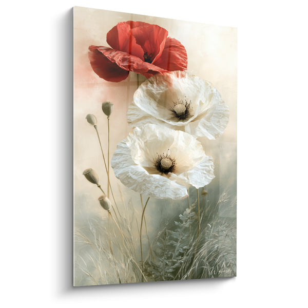 Red and White Poppies in Grass Painting - Dawn in the Wild Grass - Poppy Edition