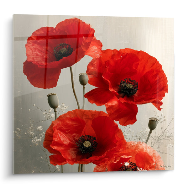 Red Poppies with Grey Capsules Artwork - Country Awakening - Poppy Edition