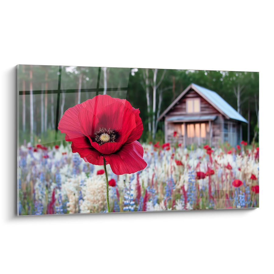 Tableau Fleur Rouge Éclatante dans Prairie Multicolore avec Chalet - Éclat Champêtre - Edition Coquelicot