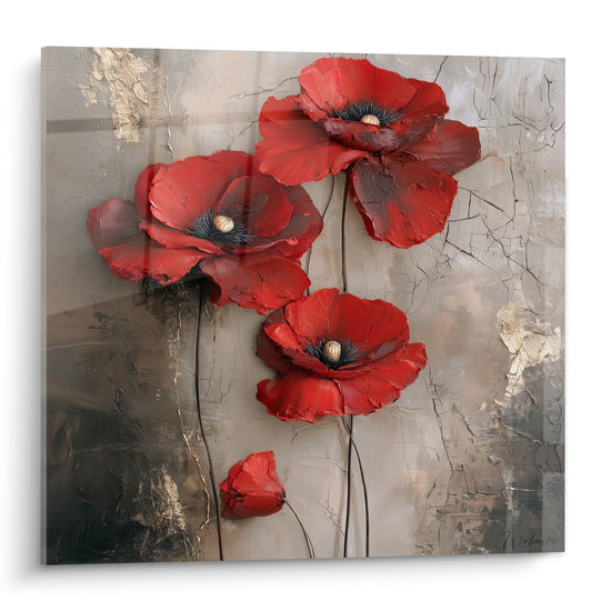 Coquelicot rouge vermillon aux pétales froissés sur fond gris anthracite craquelé et doré