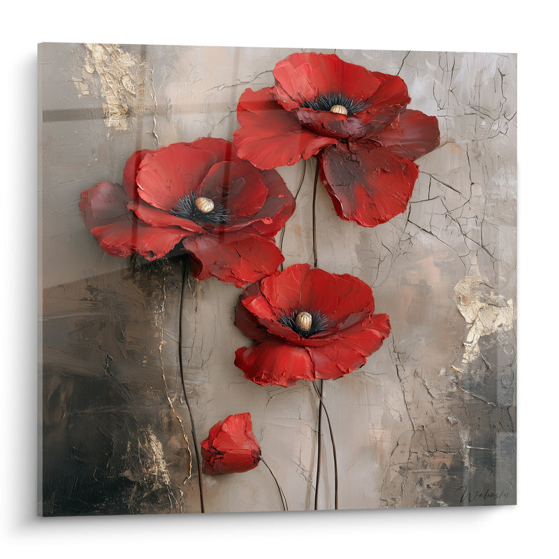 Tableau Coquelicots rouges et gris texturés - Fragilité résiliente - Edition Coquelicot