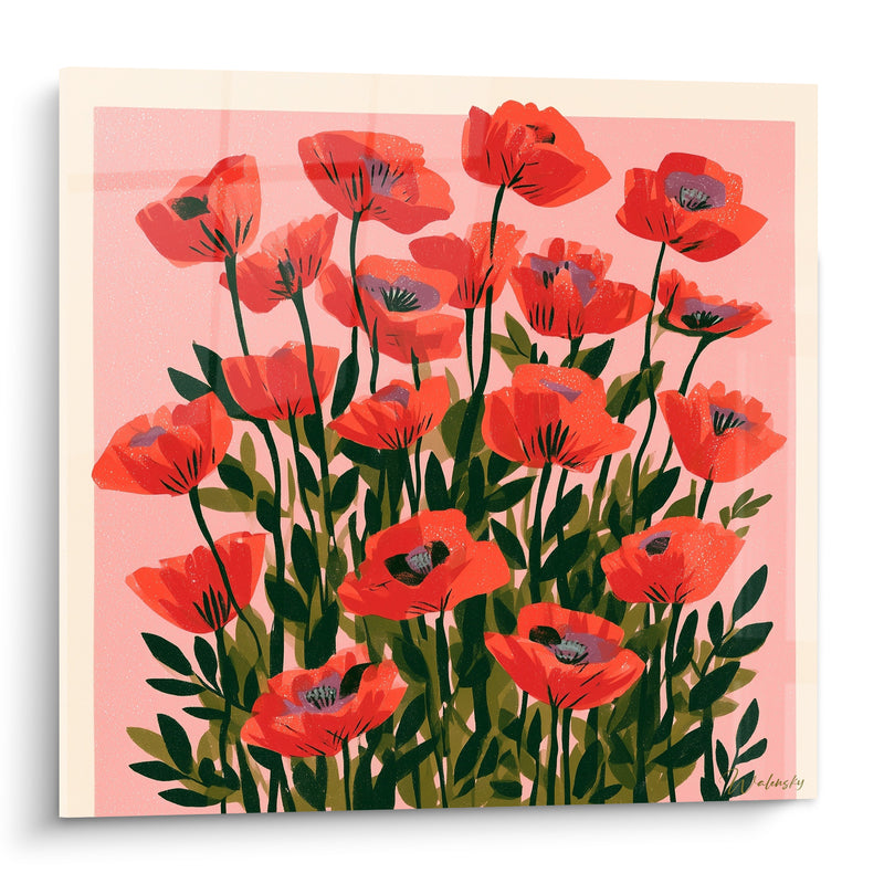 Tableau Coquelicots rouges sur fond rosé illustré - Champ en fleurs - Edition Coquelicot